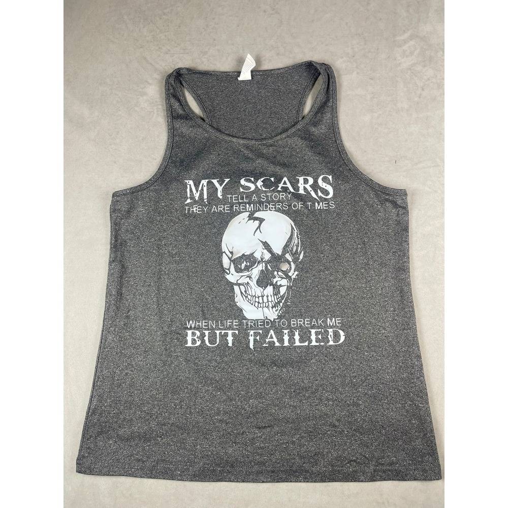 Skull My Scars Tell A Story Graphic Racerback Tank Top Grey Large Workout Tee